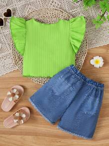 Set 2 bucăți pentru fete tinere: Top cu mâneci cu volan, cu decolteu în V și șort imprimat inspirat din denim, vară - Verde - Vizualizare 2