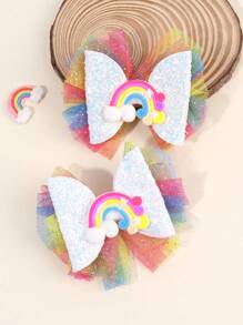 2 件装 幼儿女孩闪亮发饰 可爱彩虹配饰 装饰发饰 蝴蝶结夹 渐变彩虹色薄纱网眼发饰 日常派对发饰 适合儿童青少年的完美礼物 - 彩色 - 查看 1