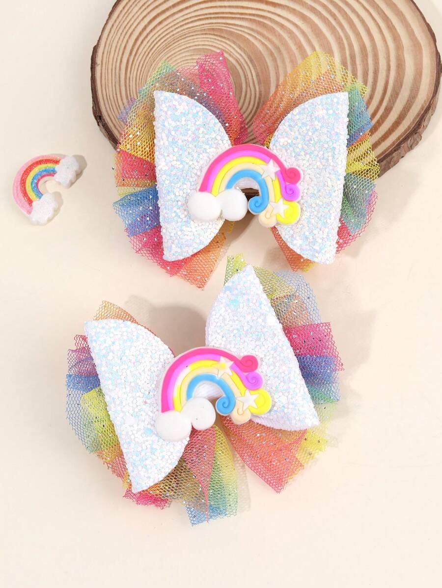 2 件装 幼儿女孩闪亮发饰 可爱彩虹配饰 装饰发饰 蝴蝶结夹 渐变彩虹色薄纱网眼发饰 日常派对发饰 适合儿童青少年的完美礼物 - 彩色 - 查看 1