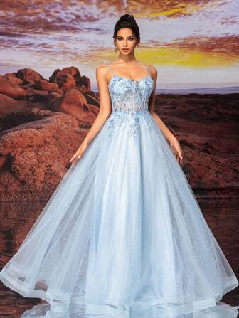 Blue Tulle Slip Dress Long A Line Sparkly Bead Embroidery Prom Dress, Party Dress