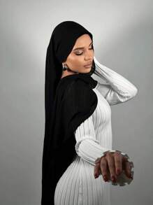 1pc Abaya Accessories Ladies' Solid Color Faux Pearl Chiffon Soft Hijab, Arabian Casual Scarf, Long Conservative Scarf For Daily Use Headband Veiled Clothes - Black - View 8