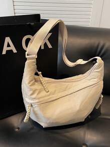 Fashionable Yellow Nylon Waterproof Shoulder Bag With Simple & Casual College Style, Wide Strap, Multiple Zipper Design Suitable For Students, Shopping, Daily Use, Shoulder Bag For School - 米色 - 查看 3