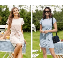 Women's Short Sleeve Striped Tunic Dress - 淺灰色 - 查看 5