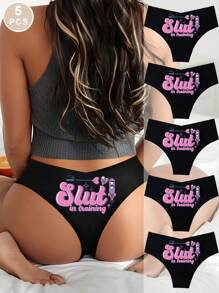 paquete de 5 bragas sin costuras para mujer, tanga tipo slip suave y cómodo con diseño de letras divertido e impreso de manera sexy