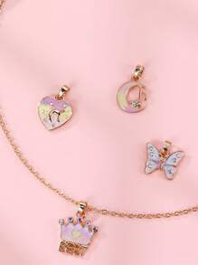 4 件儿童卡通蝴蝶、彩虹和皇冠锌合金 DIY 吊坠项链