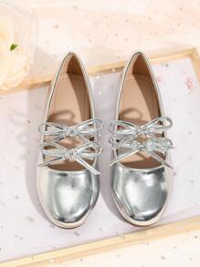 女童蝴蝶结装饰平底鞋，适合春秋季节 - 銀色 - 查看 2