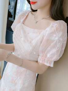 RUIWY 春夏束腰珍珠串珠雪纺迷你连衣裙，迷人设计 - 粉色 - 查看 10