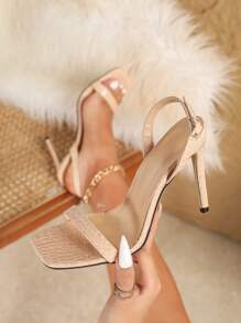 Sandalias de tacón alto para mujer de color beige, con tira al tobillo, diseño de punta cuadrada, versátiles y de moda sexy