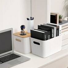 Caja Almacenaje Grande con Tapa de Bambú (Pack de 4) - Cestas Almacenaje de Plástico - Caja Organizadora Decorativa para Escritorio y Oficina - Cajas Apilables de Alta Carga con Tapa - Blanco - Ver 7