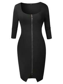 ChicMe 女式方领紧身中长连衣裙半袖前拉链开衩修身鸡尾酒会俱乐部晚会性感优雅服装