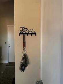 Chic Black Metal "Love" Shaped Key Holder, Wall-Mounted, Rustproof & Waterproof Iron Key Rack With Decorative Hooks, Powder Coated Finish, No Assembly Required, Space-Saving Key Organizer For Home Decor