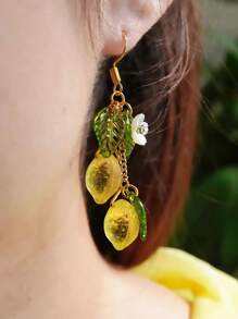 2 Pcs Original Summer Style Sweet Resin Yellow Green Lemons Flowers Dangle Earrings For Women Daily Wear