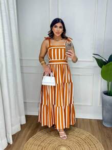 Long Striped Colorful Tricoline Strap Dress - 鏽棕色 - 查看 1