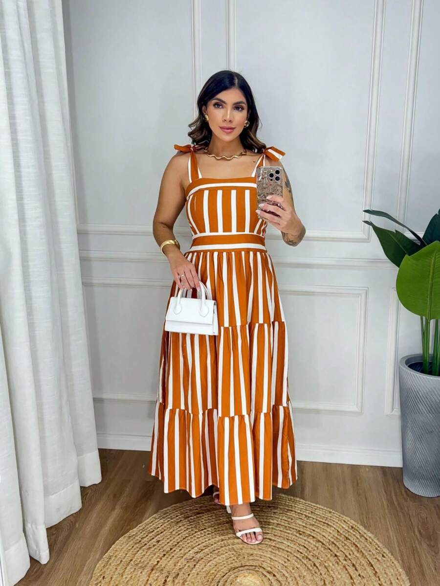 Long Striped Colorful Tricoline Strap Dress - 鏽棕色 - 查看 1