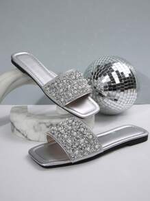 Plus Size Women Student Sandals Backless Summer New Silver Square Toe Ladies Flat Sandals Fashion Non-Slip Crystal Soft Bottom Slippers Suitable With Dress For Long Legs, Casual Beach Shoes, For Ladies