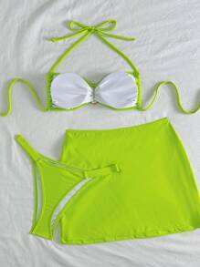 Spring Break & Summer Women Metal Decor Bandeau Bikini Swimwear Set And Mini Skirt - Green - View 2
