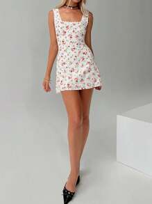 Womens Summer Tank Dress Sleeveless Square Neck Lace Trim Solid Color A-Line Dress Short Mini Dress - Red and White - View 6