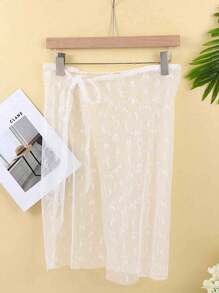 1pc Women Slip Underskirt, Detachable Waist Tie Net Mesh Skirt Swimwear Cover Up With Ditsy Floral Embroidery Lace Trim