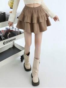 Corduroy Skirt With Tiered Ruffle Design - Màu Khaki - Xem 5