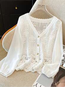 JIANHU Women's Summer Lace Embroidered Blouse - Soft & Fresh Light Top, Perfect For Versatile Casual Styling - White - View 1