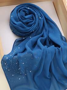 1pc Heavily Embellished Chiffon Rhinestone Hijab Scarf For Abaya - Dusty Pink - View 5