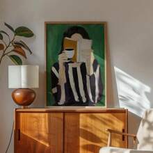 1pc Framed/Unframed Green Modern Striped Reading Woman Wall Art Poster Canvas Print Book Coffee Club Abstract Striped Woman Portrait Painting Aesthetic Decor, Suitable For University Dorm, Apartment, Bedroom, Living Room, Minimalist Home Decor - Multicolor - View 2