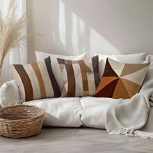 4pcs Coffee Geometric Painting Design Decorative Throw Pillow Covers, Skin-Friendly Peach Velvet Fabric, One-Sided Printed 45*45CM, Suitable For Home, Bedroom, Living Room, Sofa, Gift