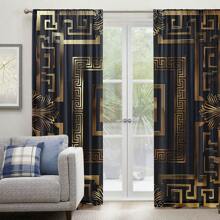 2Pcs Black & Gold Square Classic Pattern Digital Print Semi-Sheer Curtains, Rod Pocket Style, Polyester Material, Suitable For Living Room, Bedroom, Study, Office, Home Decor