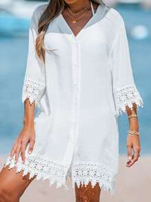 Women's Vacation Beach Solid Color Lace Patchwork Cover Up Shirt Casual White - White - View 2