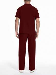 Uniforme de trabajo de manga corta para hombres, bata de laboratorio, túnica para veterinaria/peluquería de mascotas con bolsillo, conjunto transpirable - Rojo - Ver 4