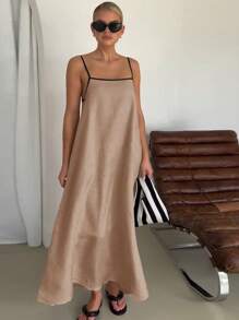 Women's Fashion Contrast Color Cotton And Linen Long Style Suspender Skirt Dress - Brown - View 5