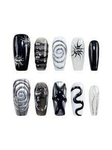 10pcs Y2k Punk Rock Metal Texture 3D Decoration Rivet Handmade Nails Chrome Silver Liquid Acrylic Press On Nails Medium Long Coffin Fake Nails Full Coverage Nail Tips With Jelly Glue And Nail File, DIY Nail Art Supplies Music Festival Party