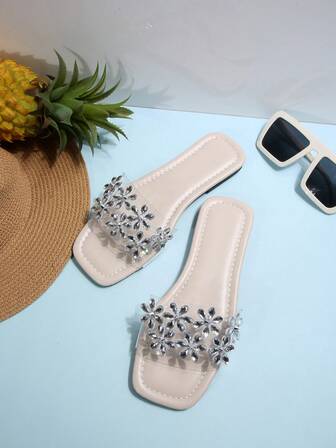 Women's Rhinestone Decorated Strap Slide Sandals, Transparent Floral Design, Flat Sole, Suitable For Summer Dresses, Beach & Vacation