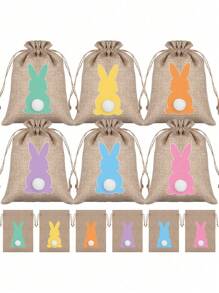 6/12个装复活节麻布抽绳礼品袋，复活节兔子麻布礼品袋带毛绒尾巴，复活节糖果袋，复活节派对用品 - 彩色 - 查看 1