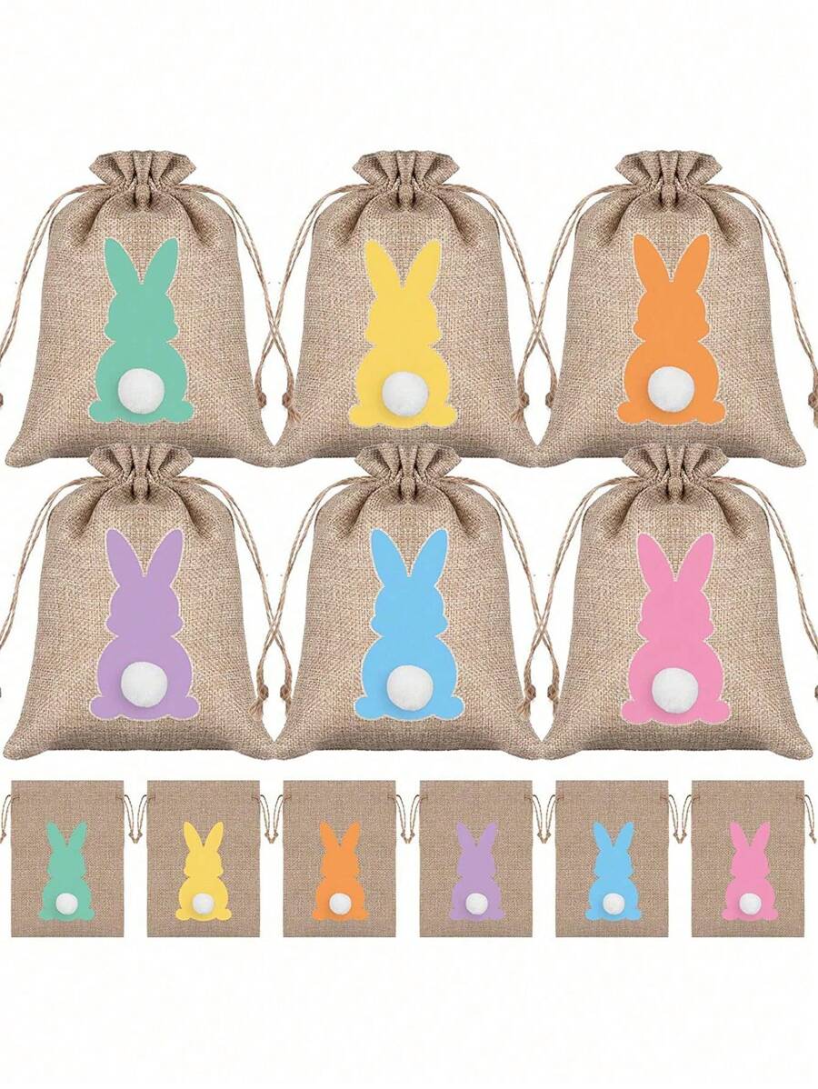 6/12个装复活节麻布抽绳礼品袋，复活节兔子麻布礼品袋带毛绒尾巴，复活节糖果袋，复活节派对用品 - 彩色 - 查看 1