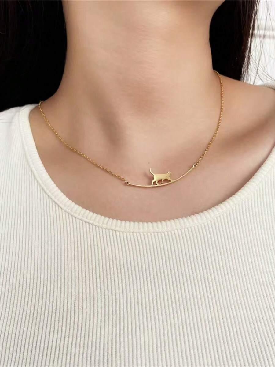 1pc Cute & Fresh Cat Pendant Necklace, Stainless Steel Dainty Clavicle Chain, Versatile For Daily Wear - Cat Necklace - View 1