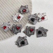 6pcs/10pcs Fashion Charm Random Color Creative Classic Playing Card Heart Inlay Synthetic Stone Design Y2K Alloy Enamel Pendant/Keychain Lobster Clasp Suitable For Jewelry Making DIY Necklace, Keychain, Backpack Decor, Earrings, Anklet, Craft Supplies - Multicolor - View 2