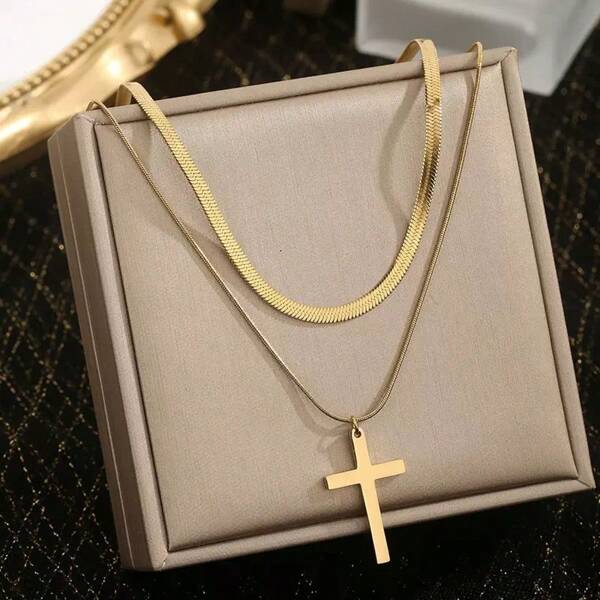 1 pieza Collar de cruz de doble capa, estilo europeo retro adecuado para uso diario por mujeres