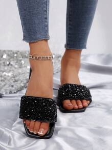 Sandalias planas para mujer de talla grande, estilo de vacaciones, verano informal, versátil, con decoración de rhinestones - Negro - Ver 4