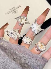 1 件时尚、优雅、独特设计的夸张海洋系列防水不对称人造海星和贝壳装饰珍珠堆叠戒指，适合男士和女士，非常适合夏季假期/日常/派对/沙滩装，送给朋友和姐妹的完美礼物 - 彩色 - 查看 4