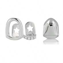 ¡Deslumbra y brilla! 2 piezas de grillz para dientes con tapa de circonita cúbica con estrella y diseño calado superior e inferior, joyería de moda para amantes de los hombres y mujeres