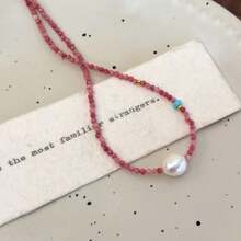 1pc Boutique French Romantic Elegant Collarbone Necklace With Red Stones And Pearl Beaded Chain, Versatile Choker For Spring & Summer