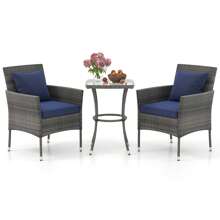 3-Piece Patio Furniture Set PE Wicker Conversation Bistro Set W/ A Tempered Glass Table - Navy - View 8