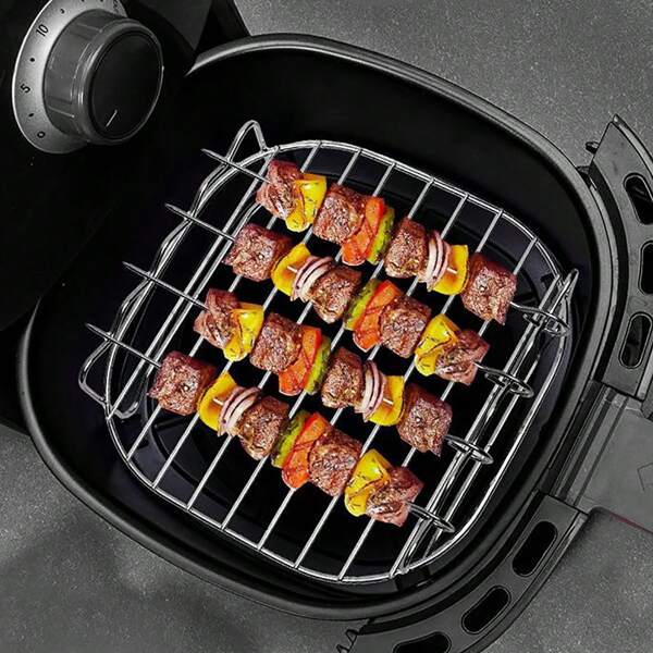 1 pieza Rejilla de acero inoxidable para freidora de aire con 4 pinchos, parrilla BBQ, rejilla para asar, molde para hornear, accesorios aptos para freidoras de aire, utensilios de cocina