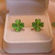 Aretes con diseño de trébol de la suerte, accesorios elegantes de moda con sensación de lujo - Verde - Ver 4