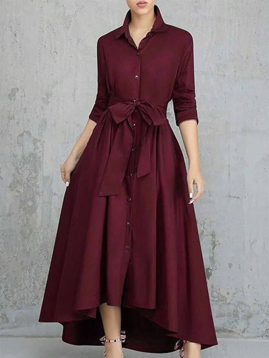 Plus Size Women Solid Simple Fashionable Dress, Suitable For Summer - Burgundy - View 1
