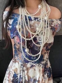 2pcs/Set Euorpean & American Heavy Industry Pearl Necklace Jewelry Set Including 1pc Necklace And 1pair Earrings, Multi-Layer Clothing Faux Pearl Tassel Necklace Set