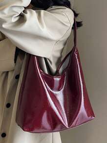 复古 PU 皮革单肩包、斜挎包、女士休闲手提包，适合通勤工作 - 酒紅色 - 查看 3