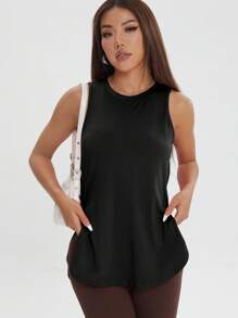 1 chiếc áo thun thể thao nữ không tay, dáng rộng, thoải mái, xẻ tà bên hông, màu trơn, thích hợp cho tập luyện thể dục, mùa xuân/hè, màu đen. - màu đen - Xem 4