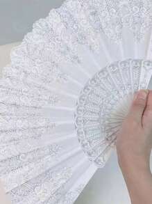 4件/3件/1件 华丽复古风春夏烫金白色手扇，烫金银花舞时尚折扇道具扇，摄影扇，漫画展手扇，角色扮演道具 - 白色 - 查看 7